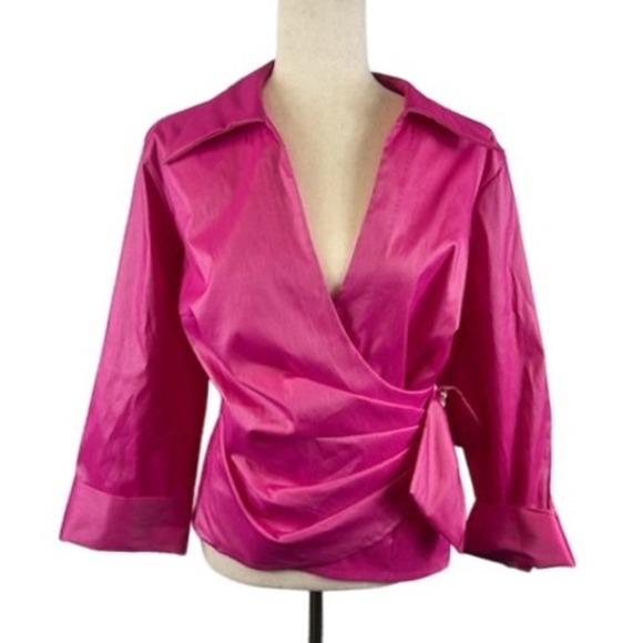 IC COLLECTION Tops - U3 Hot Pink Taffeta Blouse Jeweled Tie Jacket Top Cocktail Party Women's Size 20